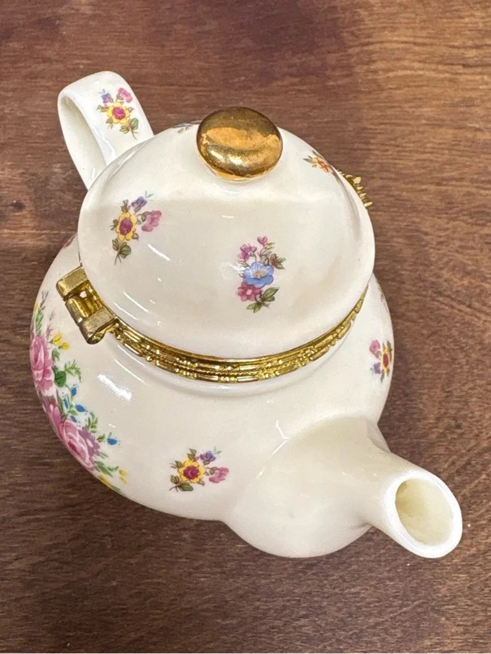 Top Treasure Collections Cream Floral Ceramic Teapot Trinket Box with Gold Trim